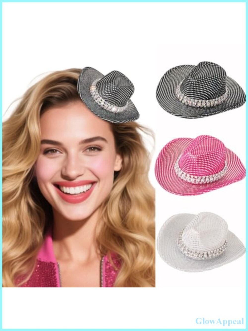 Set of 3 Glitter Mini Cowboy Hats with Hair Clips Cowgirl Accessory Cosplay